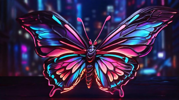 A colorful butterfly with a neon sign that says butterfly Generative Ai