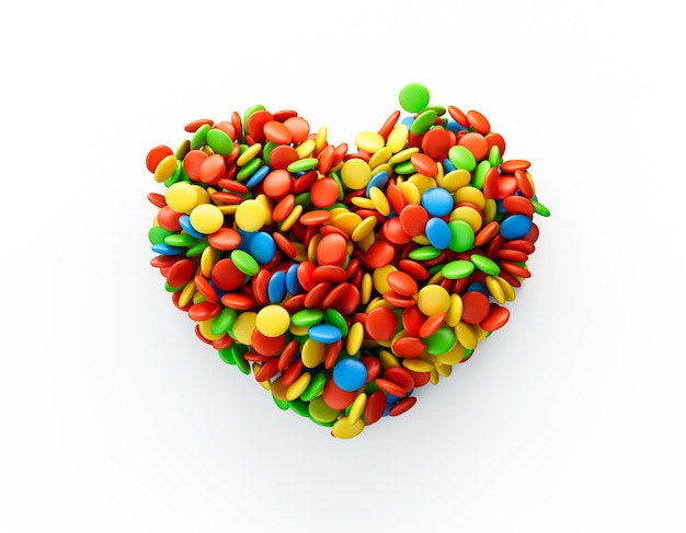 Colorful button candies heart shape on White background Top view 3d illustration