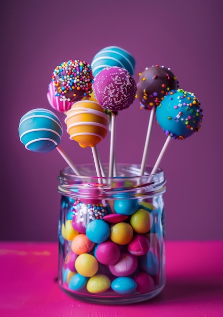 Colorful cake pops in glass jar and colorful candies on pink background