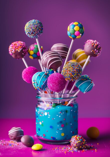 Colorful cake pops in glass jar and colorful candies on purple background