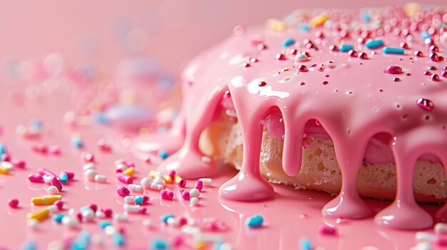 Photo colorful cake with pink frosting and sprinkles on a pink surface