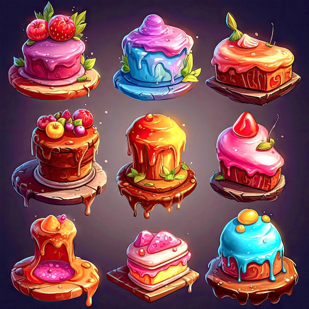 Colorful cakes with cream and berries different tastes juicy colors in style of painting Casual 2d