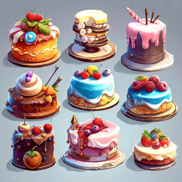 Colorful cakes with cream and berries different tastes juicy colors in style of painting Casual 2d