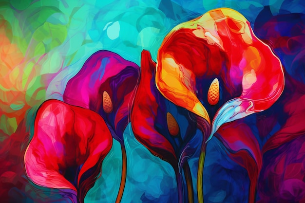 Colorful calla lily flowers on abstract watercolor background