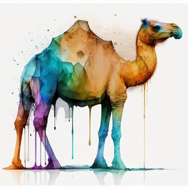 A colorful camel with a mountain on it