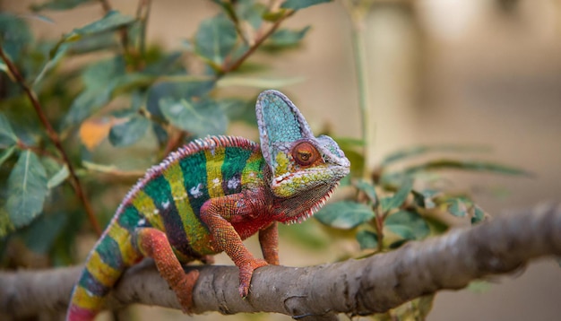 A colorful cameleon sitting on the branch beautiful animal