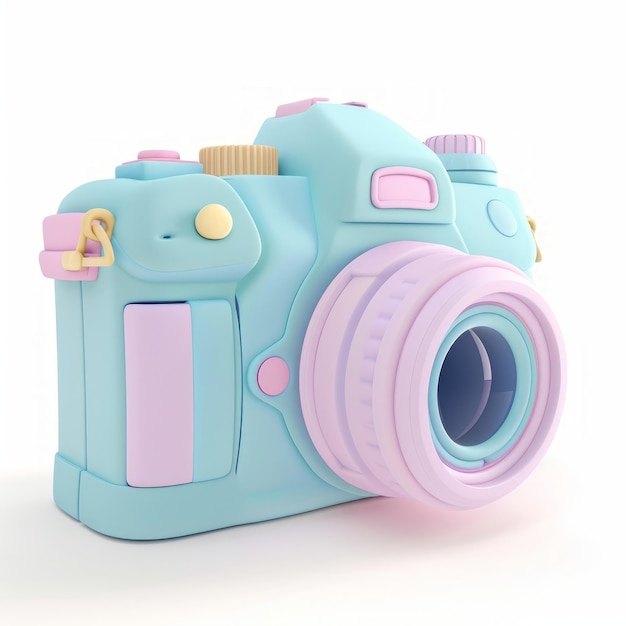 A colorful camera with a pink and blue lens