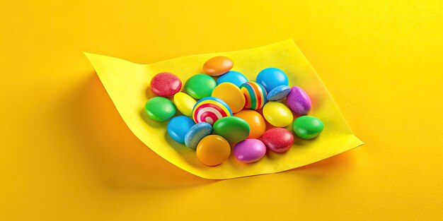 Colorful candies on a bright yellow paper