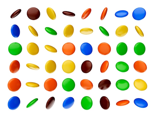 Colorful candies Button set isolated on white background many angles 3d illustration