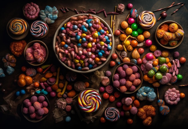 Colorful candies and chocolates A table topped with lots of different types of candies