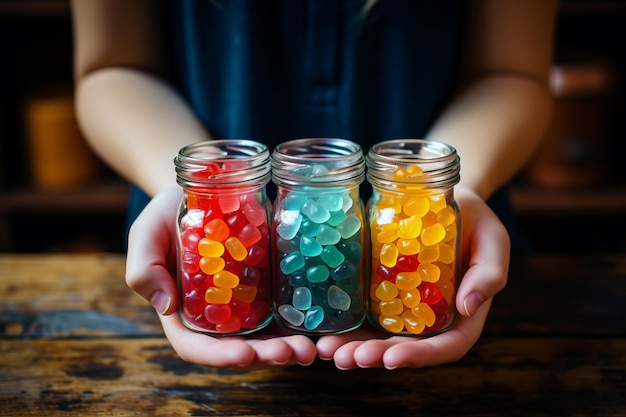 Colorful candies in glass jars in female hands on dark background