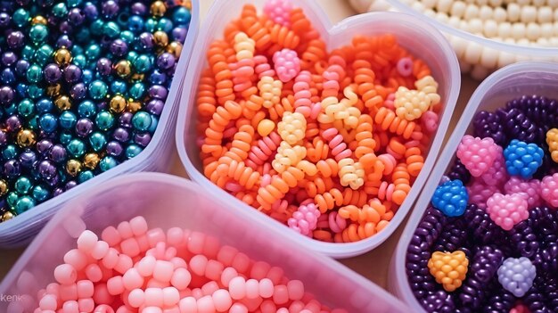 colorful candies in a heart shaped container