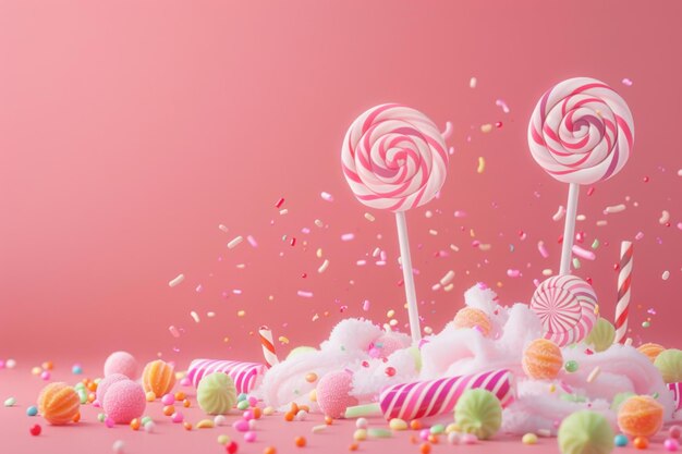 Photo colorful candies and lollipops exploding on a pink background