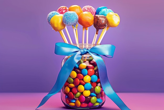 Colorful candies and lollipops in glass jar with blue bow on purple background