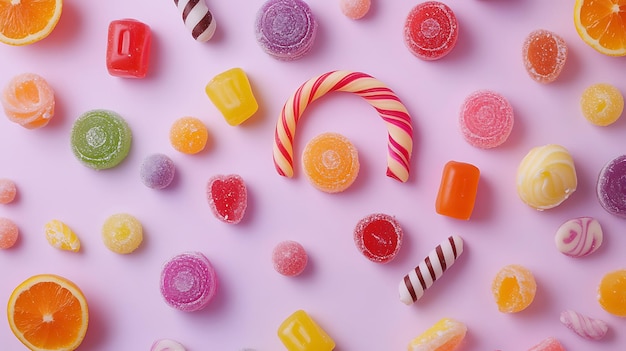 Colorful candies and lollipops on pink background