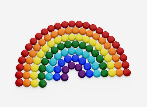 Colorful candies making rainbow on White background 3d illustration