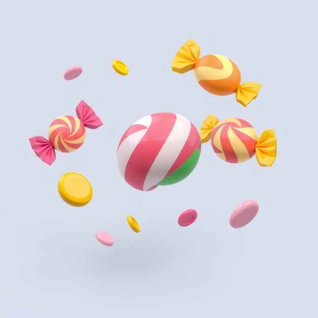 Colorful candies and round sweets floating in the air on a light blue background