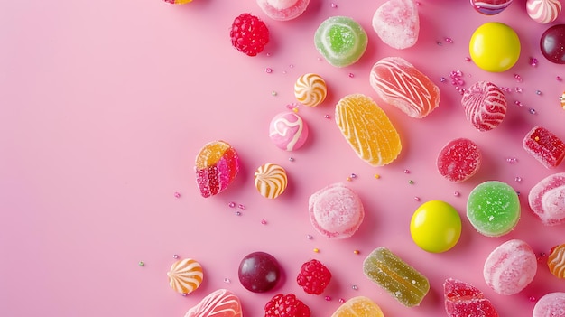 Colorful candies and sweets on a pink background