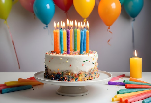 Colorful candle birthday cake at party