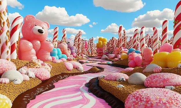 Photo a colorful candy area with a pink and white striped candy cane