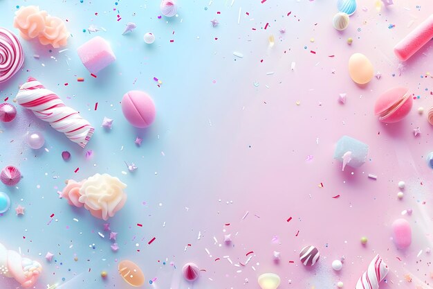 Colorful candy assortment on pastel background A vibrant display of various candies scattered on a pastel background creating a playful cheerful vibe