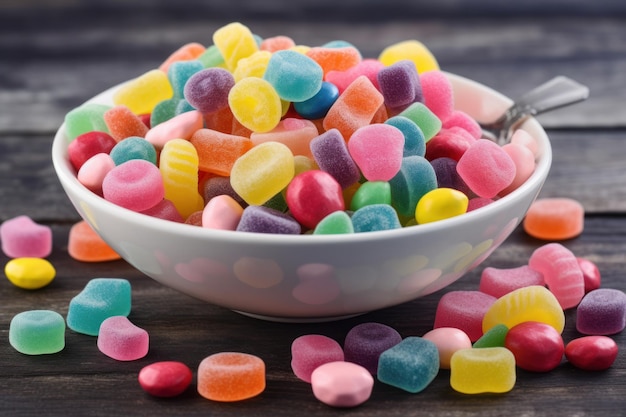 Colorful candy in a bowl on a wooden table