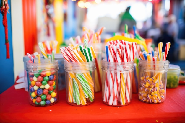 Photo colorful candy canes in jars on a sweet treat booth