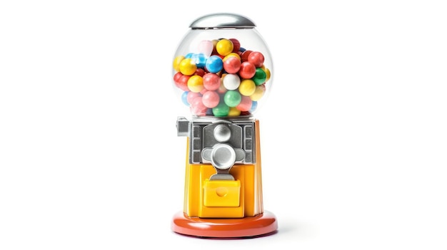 a colorful candy machine with a silver button on the top.