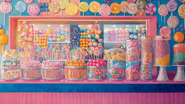 Photo colorful candy shop display with lollipops and sweets