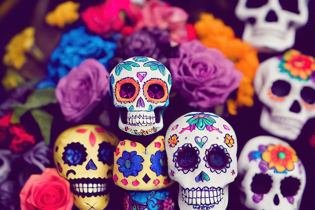 Photo colorful candy sugar skulls with flowers on day of the dead festival in mexico