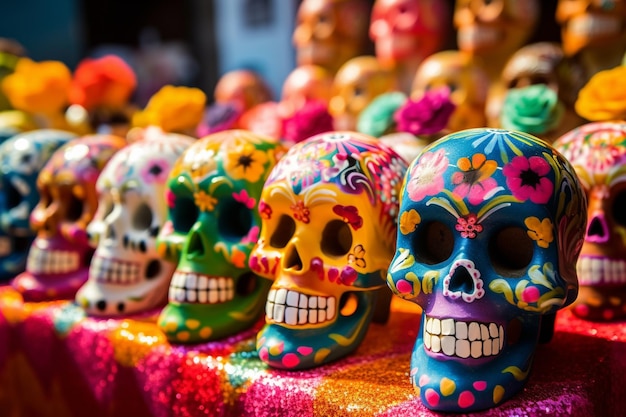 Colorful candy sugar skulls with flowers generative ai High quality illustration