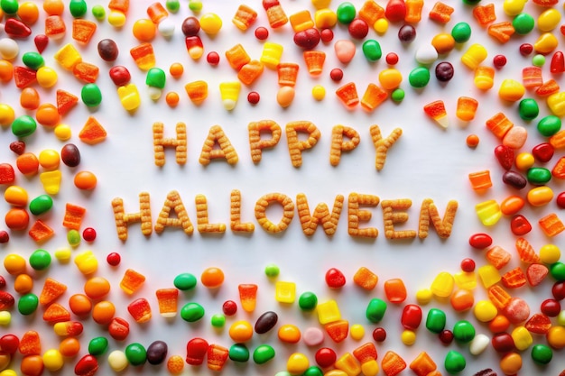 A colorful candycovered sign that says Happy Halloween