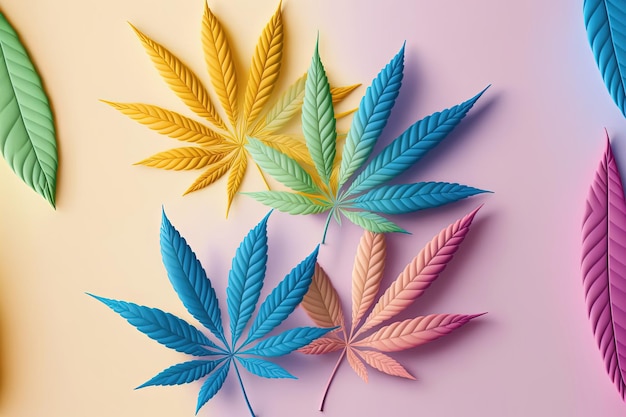 Colorful cannabis leaves on pastel pink background Generative AI