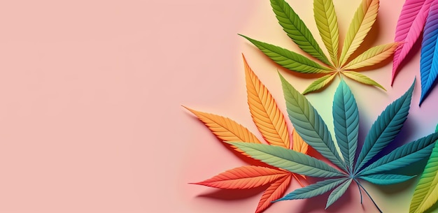 Colorful cannabis leaves on pink pastel background Generative AI