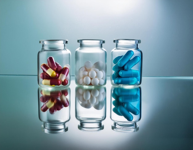 Colorful capsules in transparent glass jars on a reflective surface