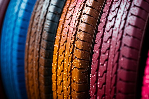 Colorful car tires tested in various weather conditions quality advertisement clear tread pattern