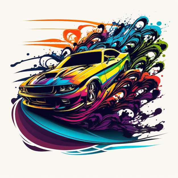 A colorful car with a rainbow paint job on the front.