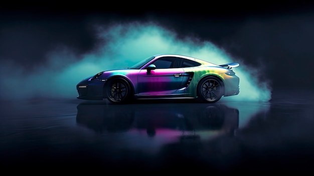 A colorful car with a rainbow paint job on the side.