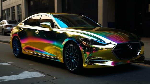 A colorful car with a rainbow painted hood