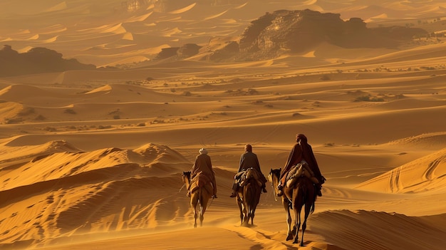 Colorful caravan crossing desert sands under blue skies exploring vast and mysterious landscapes