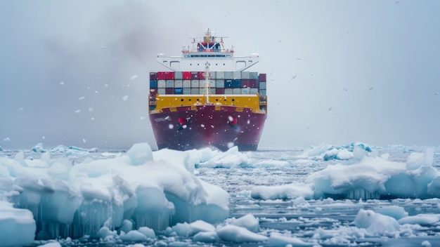 Colorful cargo ship braves the icy embrace of a polar region surrounded by ice floes