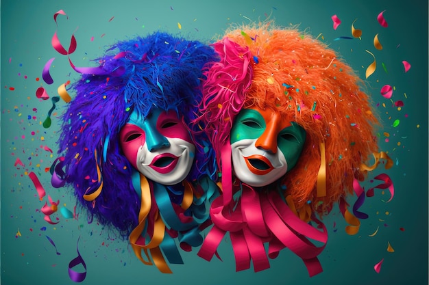 Colorful carnival masks with wigs Generative AI