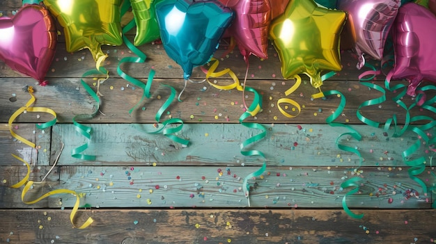 Colorful carnival or party balloons streamers and confetti on rustic grunge wood planks