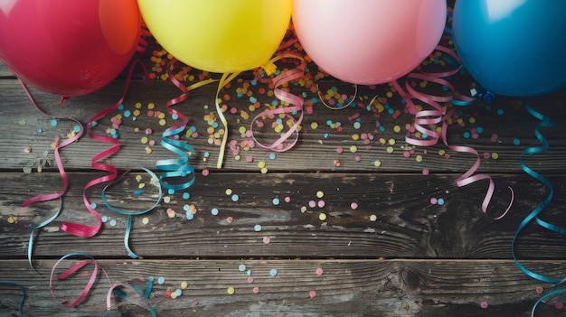 Colorful carnival or party balloons streamers and confetti on rustic grunge wood planks