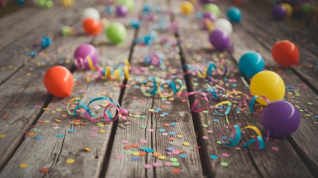 Colorful carnival or party balloons streamers and confetti on rustic grunge wood planks