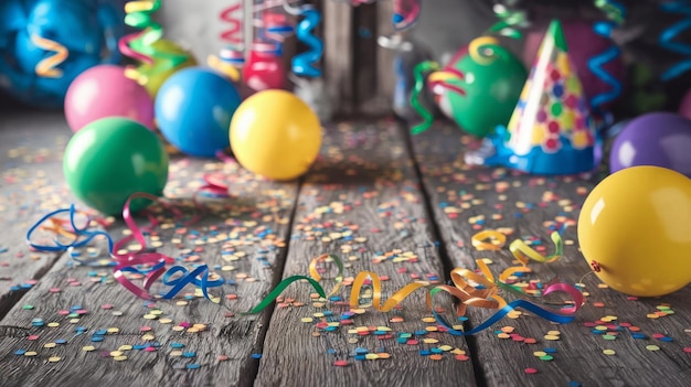 Colorful carnival or party balloons streamers and confetti on rustic grunge wood planks