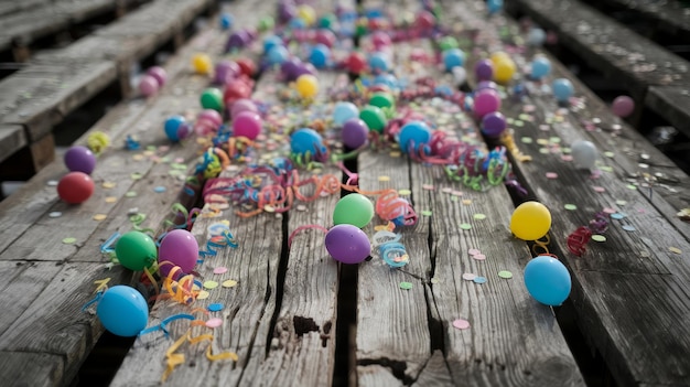 Colorful carnival or party balloons streamers and confetti on rustic grunge wood planks