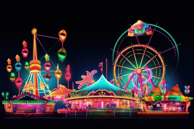 A colorful carnival with a ferris wheel and a large ferris wheel