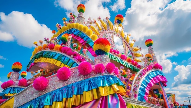 a colorful carnival with a rainbow flag on the top