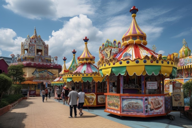 A colorful carousel at the fairground with a blue sky and clouds in the background